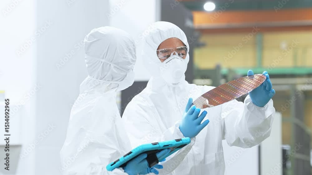 Poster 半導体工場でタブレットを持ってシリコンウエハーを検査する防護服を着た男女作業員