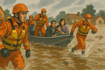 Obraz premium Flood rescue operation with emergency responders evacuating family by boat during natural disaster. Brave rescuers helping people in flooded area. Climate change impact, safety illustration.