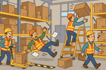 Warehouse safety lapses, accident risk at work. Unsafe behavior, falling worker, unstable ladder, obstructed walkway. Workplace hazard, injury prevention, occupational health vector.