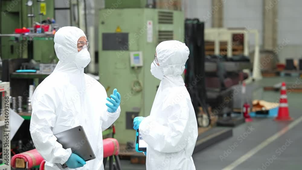 Aufkleber 工場の中で機械を操作する防護服を着た男女作業員