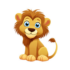 Obraz premium A cute cartoon lion cub sitting with big blue eyes and a smiling expression. The cub has a light brown mane and tail, with a friendly and playful demeanor.