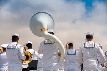 Navy musicians stand at attention during a Memorial Day event. A sousaphone stands prominently in the middle.