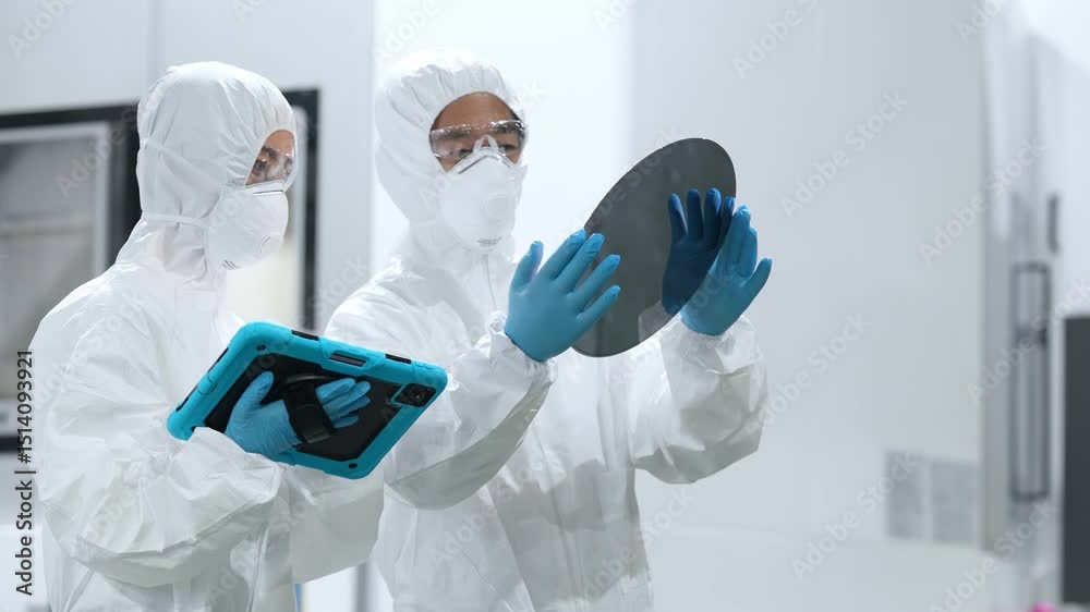 Poster 半導体工場でタブレットを見ながらシリコンウエハーを検査する防護服を着た男女作業員