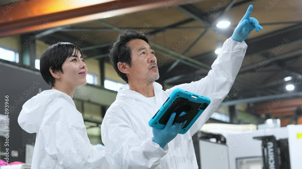 Poster 工場を点検する防護服を着た男女作業員