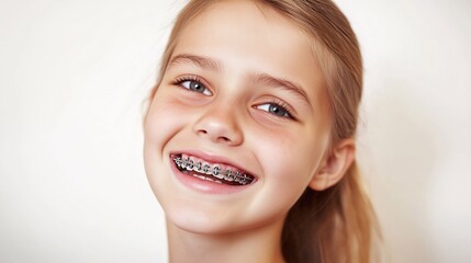 Teenage girl receiving orthodontic treatment smiling happily with braces on her teeth