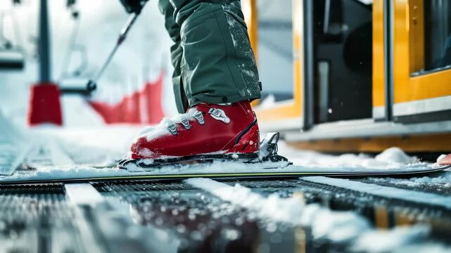 Ready to Ski: Close-up of a red ski boot strapped onto a ski on a snowy platform. Winter adventure and outdoor sports. Preparation for a day on the slopes. 