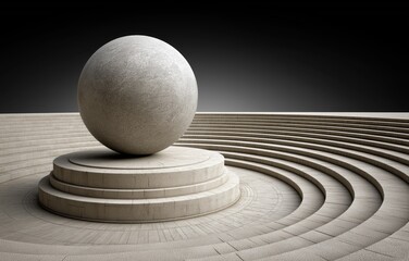 Naklejka premium Celestial sphere harmoniously floats above ancient stone amphitheater, blending timeless beauty and cosmic wonder
