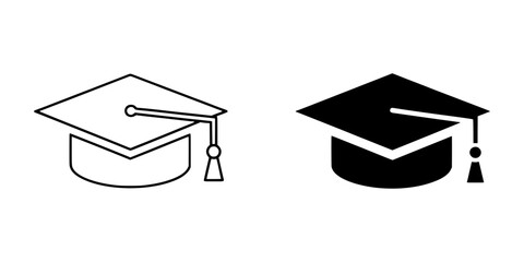 Graduation cap icon in outline and solid black
