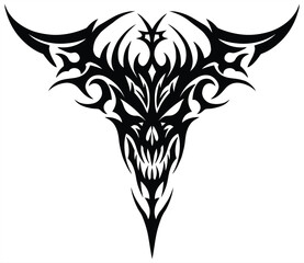 Aggressive blackwork tribal demon head tattoo design, featuring sharp horns and a menacing, fanged grimace, perfect for bold dark fantasy body art and edgy projects.
