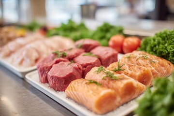 Tray of meat and vegetables including chicken, salmon, and beef