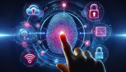 Fingerprint authentication technology featuring various security icons.
