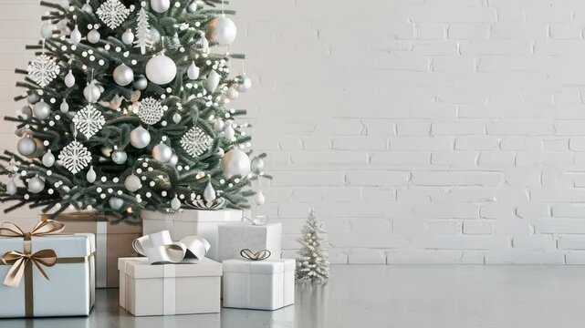 Festive Christmas scene featuring a decorated tree with presents against a white brick wall. The image evokes a cozy and cheerful holiday atmosphere with minimalist aesthetics.