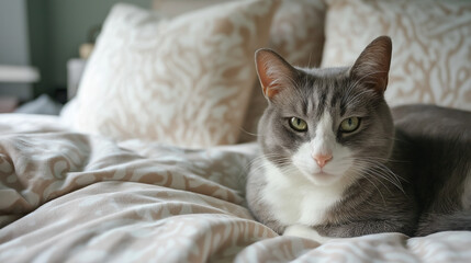 gray white cat lying on the sofa eyes looking forward