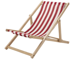 A wooden beach chair with red and white stripes on a black background in a studio setting isolated