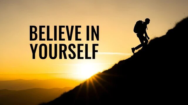 Silhouette of determined hiker climbing steep mountain slope at sunrise with bold text Believe In Yourself Golden backlight enhances strength and ambition.