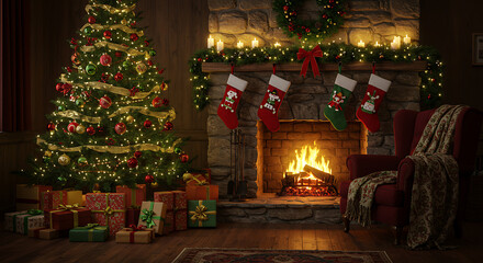 Fototapeta premium A cozy Christmas scene features a decorated tree, lit fireplace, and festive stockings hanging above, creating a warm and inviting holiday atmosphere with presents.