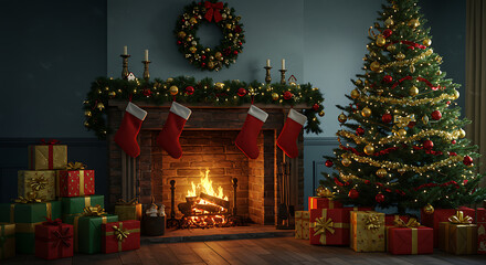 A cozy Christmas scene showcases a decorated tree, fireplace with stockings, and wrapped presents, creating a warm and inviting holiday atmosphere in a decorated living room.