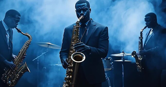 Three Musicians Playing Saxophones in a Smoke-Filled Studio Scene with Blue Lighting