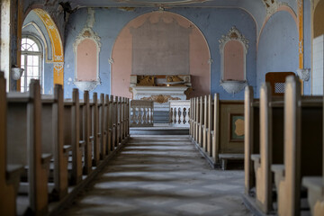 Old Abandoned Palace in Branice with Blue Chapel Interior, Poland