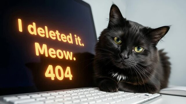 Playful and sarcastic error message paired with feline expression creates humorous take on computer mishaps and tech mischief. 