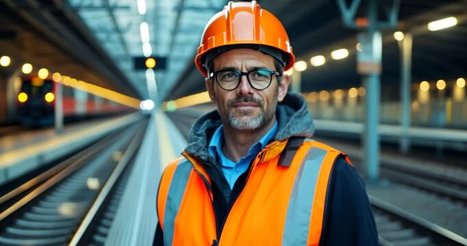 Close-up portrait of a man, wearing an orange vest and helmet, smiles, in a train station, in a blurry environment, with a track background