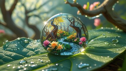 Magical forest scene reflected in a crystal sphere on a dewy leaf with vibrant flowers and sunlight