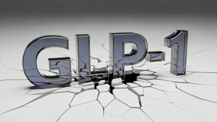 Dark chrome letters GLP-1 crash through glossy white ground creating fractures and debris with gradient background. - Powered by Adobe