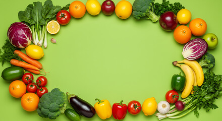 A vibrant assortment of fresh fruits and vegetables, artfully arranged in an oval shape, creating a colorful and healthy food frame on a bright green background.