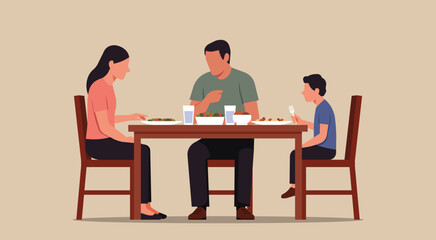 Family of three sits at dinner table without speaking, showing quiet tension, concept of emotional distance, or lack of connection, flat vector illustration