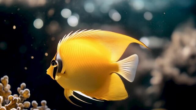 Vibrant Marine Life: A striking yellow fish gracefully glides through the crystal-clear aquatic realm, showcasing its vivid colors and intricate patterns with captivating detail.