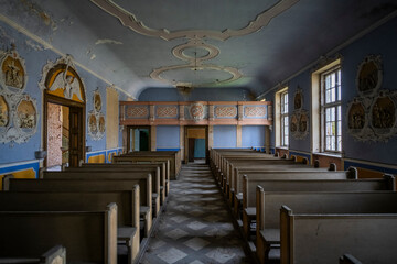 Old Abandoned Palace in Branice with Blue Chapel Interior, Poland