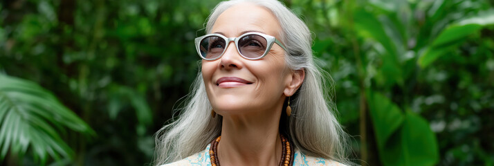 A woman with gray hair is smiling and wearing sunglasses. She is wearing a necklace and a bracelet