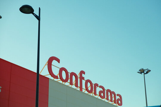 Finestrat, Spain - May 29, 2025: Conforama logo sign on store. Conforama is home furniture retail chain operating stories in France, Spain, Switzerland, Portugal, Luxembourg, Italy