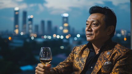 Obraz na płótnie Canvas Sophisticated man enjoying a glass of wine with a cityscape view at twilight