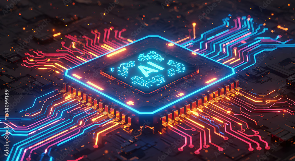 Poster a futuristic computer processor with an ai logo glows with neon lights, showcasing advanced technolo