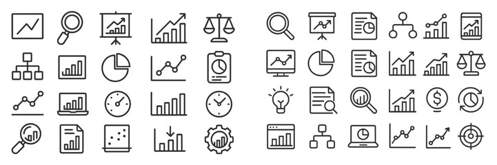 Collection of business and analytics icons in a minimalist style on a white background showcasing various data representations