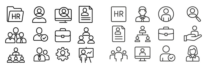 Collection of human resources icons representing recruitment and team management activities in a professional setting