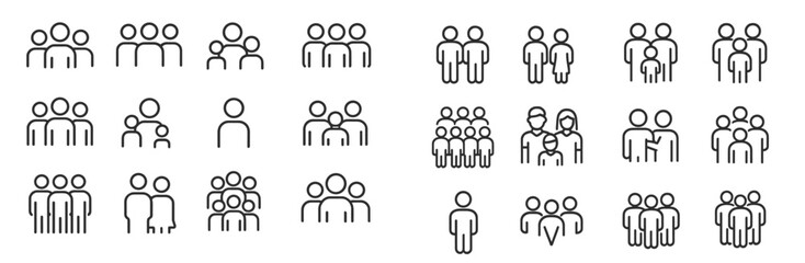Icon collection depicting various groupings of people in minimalist style showcasing diverse social interactions