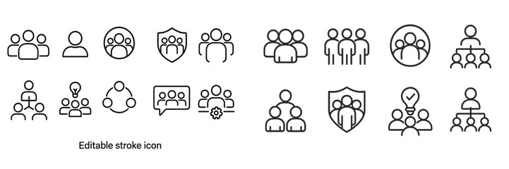 Collection of diverse line icons depicting social interactions, teamwork, and collaborative concepts in a minimalist style