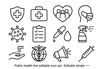 Public health icons representing safety, hygiene, and medical care during a pandemic in a minimalist style