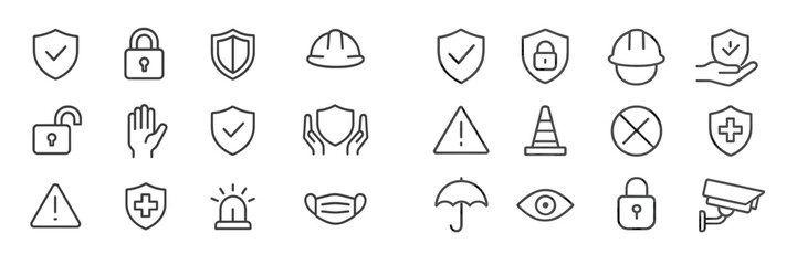 Collection of safety icons representing various security measures and precautions for workplaces and public spaces