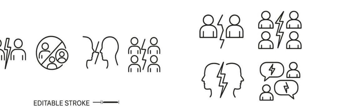Icons illustrating conflict resolution methods and group discussions in a conflict management workshop setting