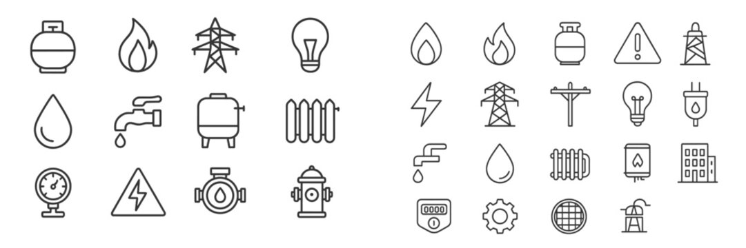 Collection of energy and utility icons showcasing various utilities and services for graphic design projects