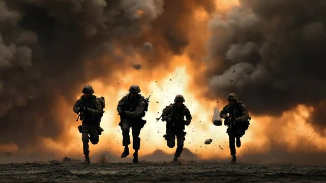 Soldiers running in a battlefield