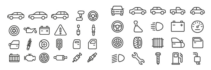 Collection of car-related icons depicting various auto components, tools, and vehicle types in a simple design layout