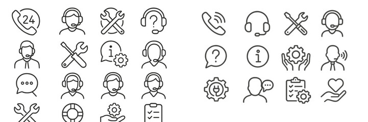 Various icons representing customer support services including assistance, troubleshooting, and communication options