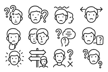 Illustrative icons depicting various emotions and expressions of confusion and uncertainty in a minimalist style