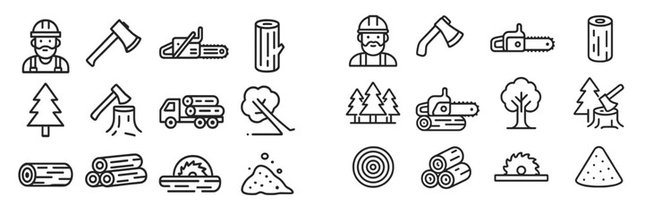Vector icons representing logging and forestry activities in a woodlands setting