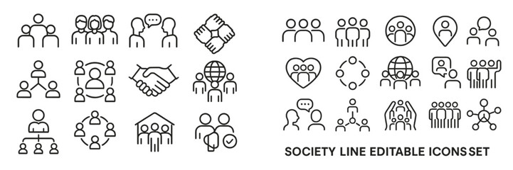 Various line icons representing social interaction, community, and teamwork concepts in a clean design