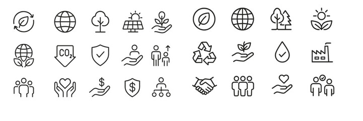 Collection of eco-friendly icons representing sustainability, nature, and environmental protection concepts